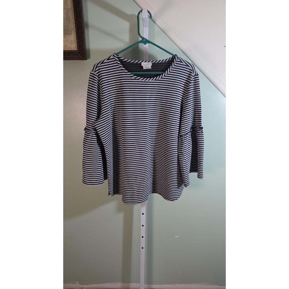 Van Huesen Women's Blue White Striped 3/4 Ruffled Bell Sleeve Knit Top Blouse L